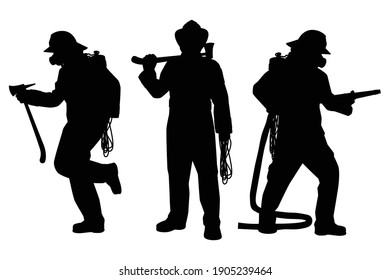 Set of firefighter with equipment silhouette vector on white background