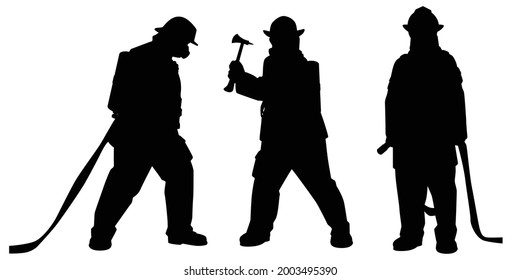 Set of firefighter with equipment silhouette vector on white background