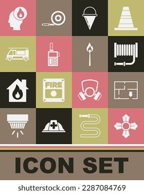Set Firefighter, Evacuation plan, hose reel, cone bucket, Walkie talkie, truck,  and Burning match with fire icon. Vector