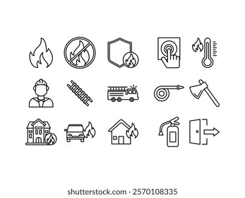 Set of Firefighter and Fire Brigade icons. Includes icons of fire, fire extinguisher, burns, emergency, water hose, ladder and more, etc.
isolated white background, line vector editable.