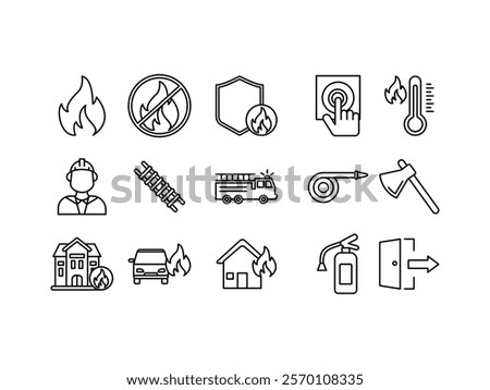 Set of Firefighter and Fire Brigade icons. Includes icons of fire, fire extinguisher, burns, emergency, water hose, ladder and more, etc.
isolated white background, line vector editable.