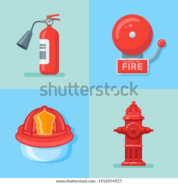 Set of firefighter or fire emergency flat\
style icons. Vector\
illustration.