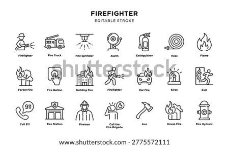 Set of firefighter and fire safety icons, editable stroke, line icon