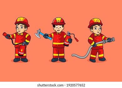 Juego de bomberos, bombero con traje protector rojo con manguera de fuego y hacha, ilustración de vector de dibujos aislados dibujos planos. Ilustración vectorial de dibujos animados planos.