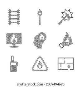 Poner a bombero, llama en triángulo, plan de evacuación, mano con fuego, walkie talkie, ubicación con, hacha e icono de escape. Vector