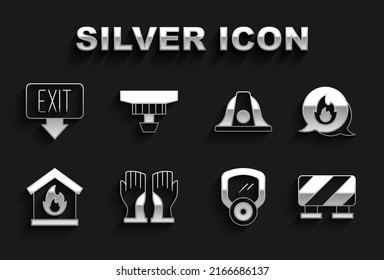 Set Firefighter gloves, Emergency call, Road barrier, Gas mask, in burning house, helmet, exit and Smoke alarm system icon. Vector