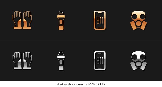 Set Firefighter gloves, Flashlight, Mobile emergency call 911 and Gas mask icon. Vector