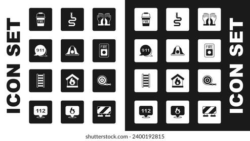 Set Firefighter gloves, helmet, Emergency call 911, bucket, alarm system, hose reel,  and escape icon. Vector