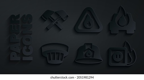 Set Firefighter helmet, Burning car, Smoke alarm system, Electric wiring of socket fire, flame triangle and axe icon. Vector