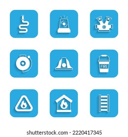 Set Firefighter helmet, in burning house, escape, bucket, flame triangle, Ringing alarm bell, hydrant and hose reel icon. Vector