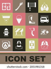 Set Firefighter helmet, exit, truck, hose reel, cone bucket, Smoke alarm system, Evacuation plan and boots icon. Vector