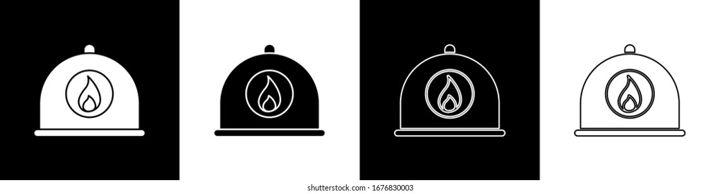 Set Firefighter helmet or fireman hat icon isolated on black and white background.  Vector Illustration