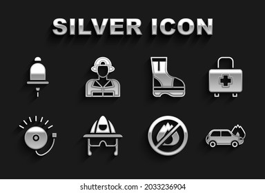 Set Firefighter helmet, First aid kit, Burning car, No fire, Ringing alarm bell, boots,  and  icon. Vector
