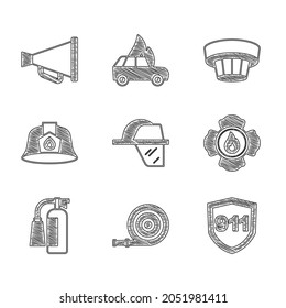 Set Firefighter helmet, hose reel, Emergency call 911, extinguisher, Smoke alarm system and Megaphone icon. Vector
