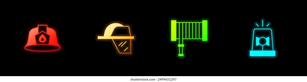 Set Firefighter helmet, hose reel and Flasher siren icon. Vector