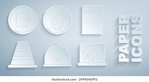 Set Firefighter helmet, Open matchbox and matches, Traffic cone, Interior fireplace, flame and exit icon. Vector