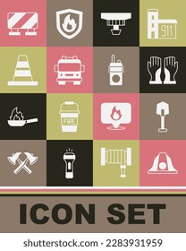 Set Firefighter helmet, shovel, gloves, Smoke alarm system, truck, Traffic cone, Road barrier and Walkie talkie icon. Vector