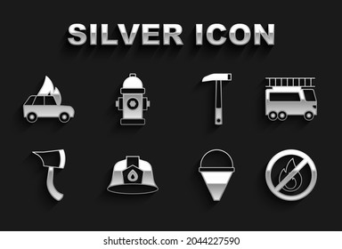 Set Firefighter Helmet, Truck, No Fire, Cone Bucket, Axe, Burning Car And Hydrant Icon. Vector