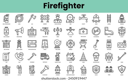 Set of firefighter icons. Linear style icon bundle. Vector Illustration