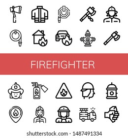 Set of firefighter icons such as Axe, Water hose, Firefighter uniform, House on fire, Car on fire, Hydrant, Firewoman, Firefighter, Fire extinguisher, sign ,