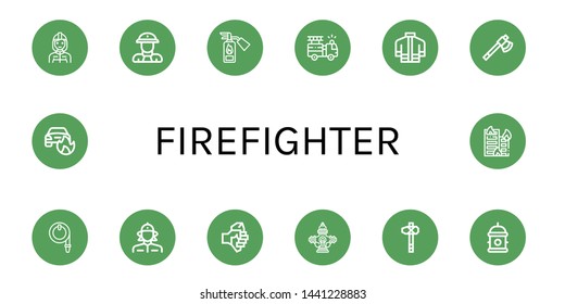 Set of firefighter icons such as Firefighter, Fireman, Fire extinguisher, Fire truck, Firefighter uniform, Axe, Water hose, Firewoman, Hydrant, Car on fire, Building on ,