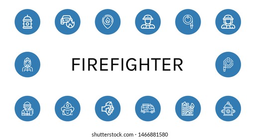 Set of firefighter icons such as Hydrant, Car on fire, Firefighter, Fireman, Water hose, Firewoman, Axe, Fire truck, Building on fire, hydrant , firefighter