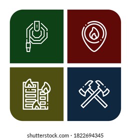 Set of firefighter icons. Such as Water hose, Firefighter, Building on fire, Axes , firefighter icons