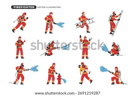 Set of Firefighter illustration in various action poses such as spraying water, climbing ladder, saving lives, and operating fire hydrant