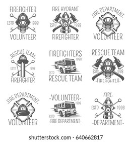 Set of firefighter in monochrome style logos, emblems, labels and badges. Set of vector templates isolated on white background