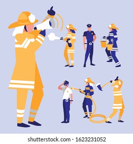 Set of firefighter and policemen design, Emergency rescue save department 911 danger help safety and aid theme Vector illustration