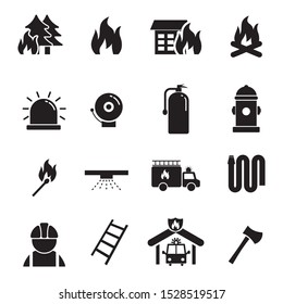 Set of firefighter related icon with simple black design isolated on white background