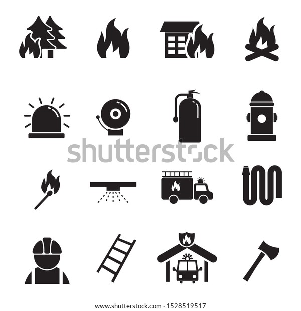 Set of firefighter related icon with\
simple black design isolated on white\
background