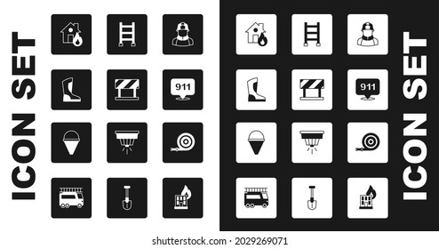 Set Firefighter, Road barrier, boots, in burning house, Emergency call 911, escape, hose reel and cone bucket icon. Vector