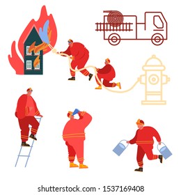 Feuerwehrhammer mit Wasser aus dem Schlauch für Feuerwehrkampfbrenner. Feuerwehrmann in Uniform, Feuerwehrleute mit Ausrüstung, Lastwagen, Hydrant, Feuerlöscher. Vektorgrafik 