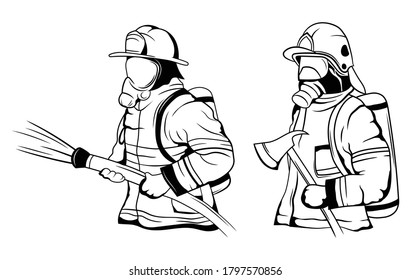  Set of firefighters. Collection of silhouettes of firefighters rescuing people from a fire. Profession for saving people. Vector illustration on a white background.