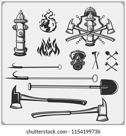 Set with firefighters equipment. Vector monochrome illustration.