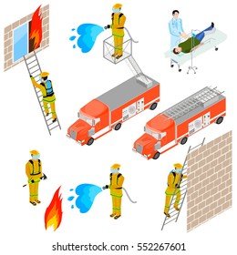 Set firefighters in isometric view isolated on a white background. A fire truck with a ladder. Firefighter extinguishes fire with water hoses. The doctor writes a prescription to the affected patient.