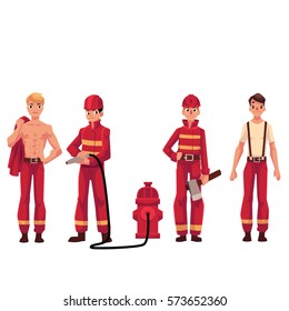 Set of firefighters in red uniform, protective suit with axe, fire hose, naked torso, cartoon vector illustration isolated on white background. Young handsome firefighter, fireman set
