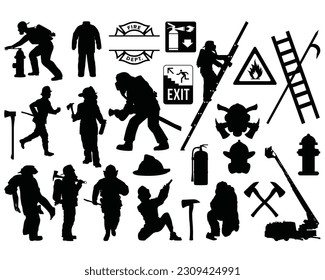 Set of Firefighters Silhouette, Fireman, Fire Equipment 