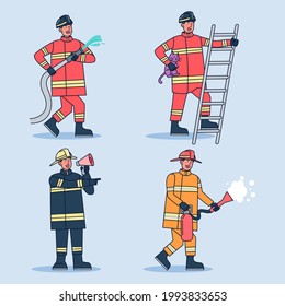 Set of firefighters in various places of fire fighting with equipment such as hose, ladder, axe, fire extinguisher. Vector illustration flat desig