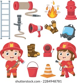 Set of firefighting elements cartoon