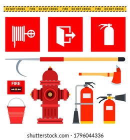 Equipo de extinción de incendios. Ilustraciones vectoriales planas. Equipo de protección contra incendios.