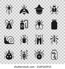 Set Fireflies bugs in a jar, Mosquito, Glass, Beekeeper hat, Pressure sprayer, Clothes moth, Spider and Insect fly icon. Vector