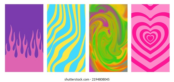 Set Of fire,fluid,heart,line Geometric Abstract Backgrounds. Lovely Vibes Posters Design. Trendy Y2K Illustration.