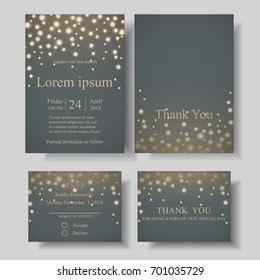 Set Of  Firefly String Light With Gray Background On Wedding Invitation Card.For The Newlyweds. Can Be Used Bridal Shower,birthday Card,Brochure ETC.Vector/Illustration