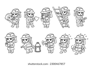 Set of fireman character hand drawn outline sketch illustration