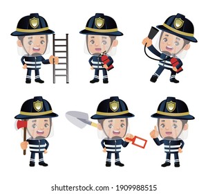 Set of fireman with different poses