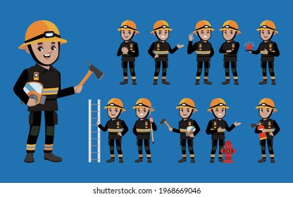 Set of fireman with different poses