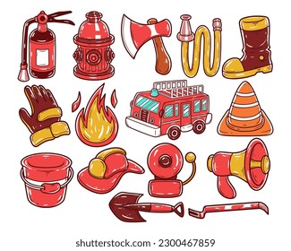 Set of fireman element hand-drawn illustration	