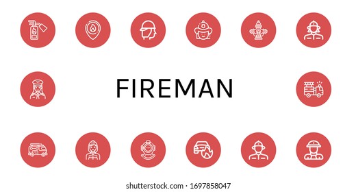 Set of fireman icons. Such as Fire extinguisher, Firefighter, Hydrant, Firewoman, Fire truck, Diving helmet, Car on fire, Fireman, Pilot , fireman icons